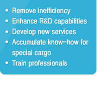 .Remove inefficiency 
							.Enhance R&D capabilities 
							.Develop new services
							.Accumulate know-how for special cargo
							.Train professionals