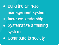 .Build the Shin-Jo management system 
							.Increase leadership 
							.Systematize a training system
							.Contribute to society 