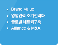 
							.Brand Value
							.영업인력 조기전력화
							.글로벌 네트웍구축
							.Alliance & M&A 